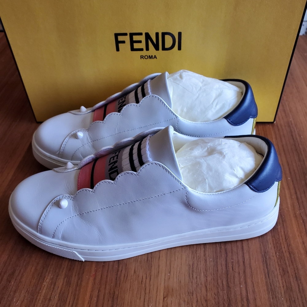 ***SOLD OUT***New 100% Auth Women's Slip on Rockoko Fendi Logo Sneakers White - Picture 7 of 12